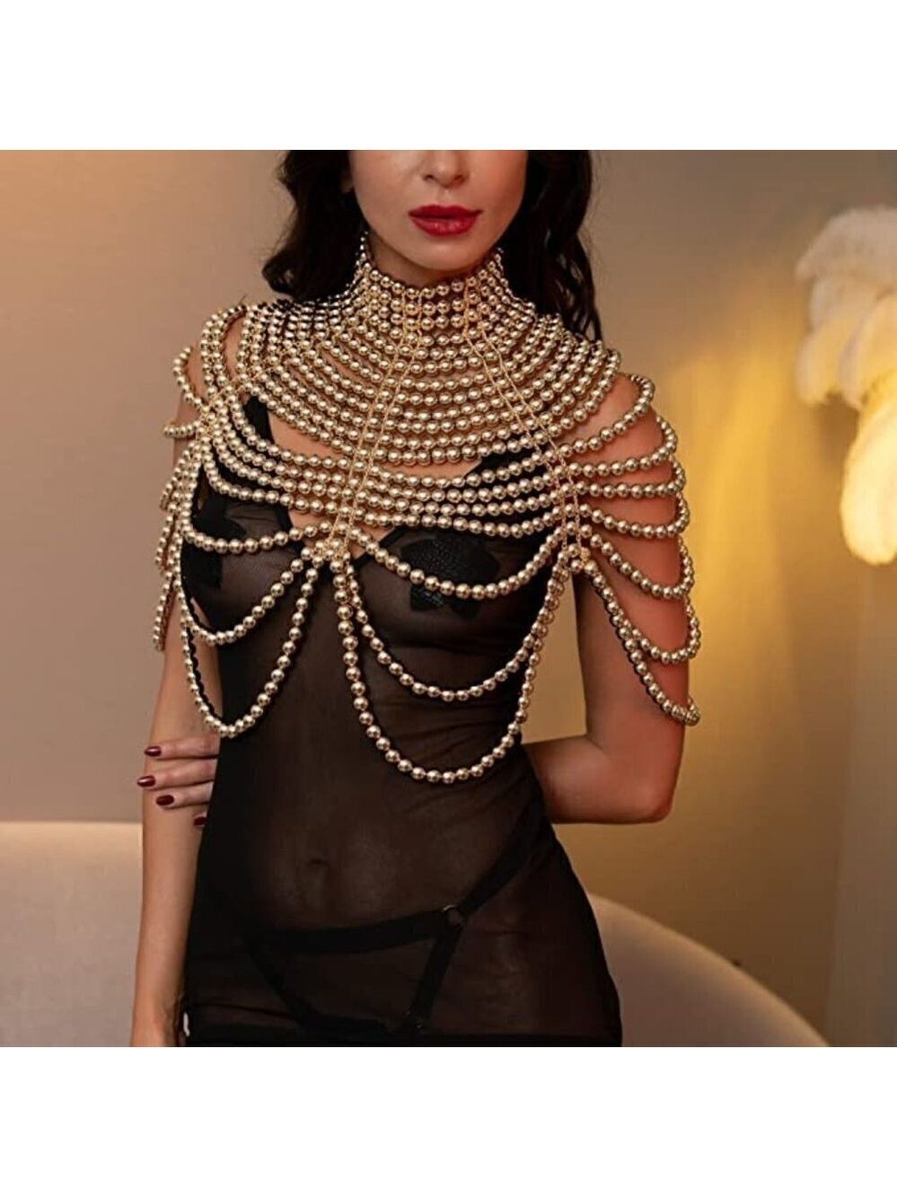 QUEEN Gold Pearl Body Chain Sexy Bra Fashion Shoulder Necklaces Harness Jewelry - Picture 4 of 7